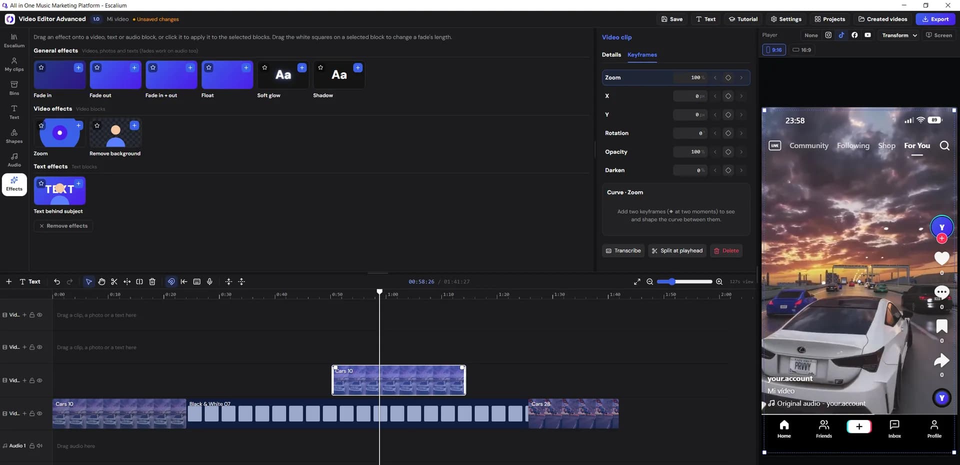 The Escalium advanced video editor: effects, keyframes, timeline and a vertical preview