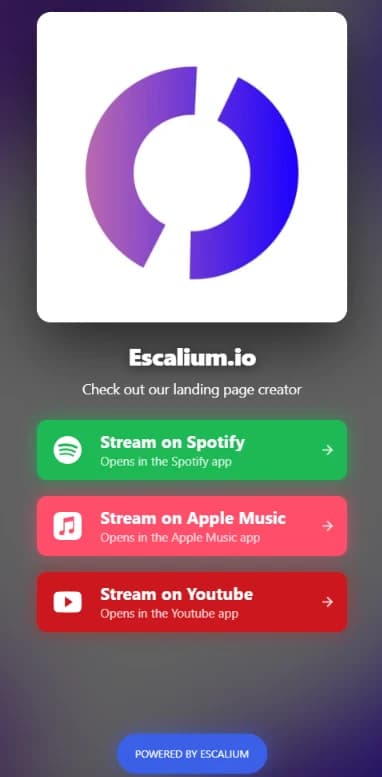 A published Escalium smart link with Spotify, Apple Music and YouTube buttons